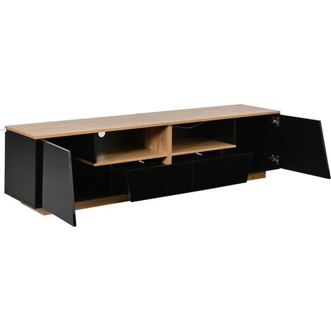 Mueble TV de 180 x 40 x 46 cm con 2 cajones, 2 armarios y LED, negro y madera (1/5)