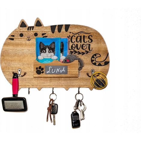 Perchero de pared de madera para ropa y llaves, con diseño de gato, 28x40x5,3 cm. (1/3)