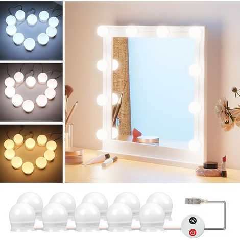 Lampe de Miroir Hollywood 10 Ampoules LED, Tactile 3 Couleurs, Dimmable Sans Fil, USB 5V, Style Vanité pour Salle de Bain (1/5)