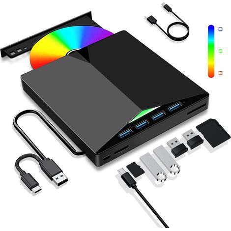 Lecteur CD/DVD Externe pour PC, Graveur DVD Externe USB 3.0 Mince Portable  Graveur Enregistreur RW/ROM Drive Transmission Rapide Câble USB Intégrée pour Windows 7/8/10/11,Vista,Linux,Laptop,Desktop (1/5)