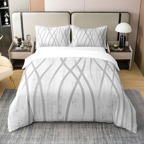 Children's White Wave Duvet Cover 220 x 240 cm 100% Cotton Set Geometric Stripe Lines Bedding Set White Duvet Cover 220 x 240 cm Retro Bedding Set (1/5)