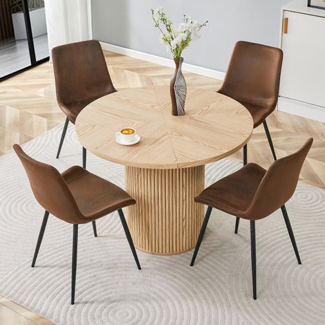 MEUBLIV Ensemble table ronde 100 cm naturel et brun – 4 places, 5 pièces (1/5)