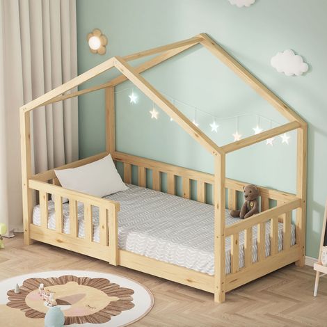 ML-Design Lit Cabane d'Enfant 70x140 cm Naturel en Pin Massif avec Protection Antichute, Toit et Sommier à Lattes, Style Maison, Couchage au Sol Montessori Cadre pour Fille Garçon Chambre à Coucher (1/5)