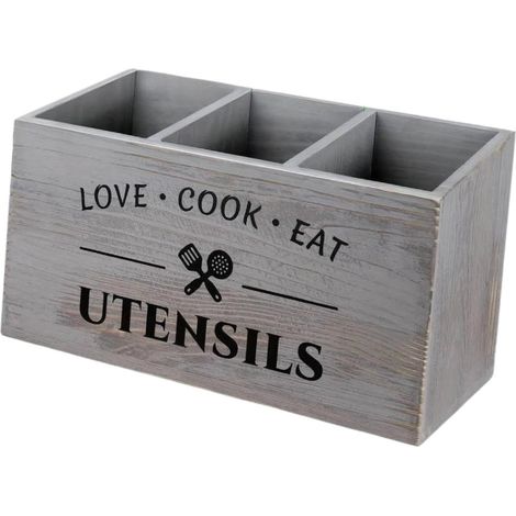 APEX Porte-ustensiles de cuisine de style rétro, porte-couverts en bois, peut contenir spatules, fourchettes, cuillères, gris. (1/5)