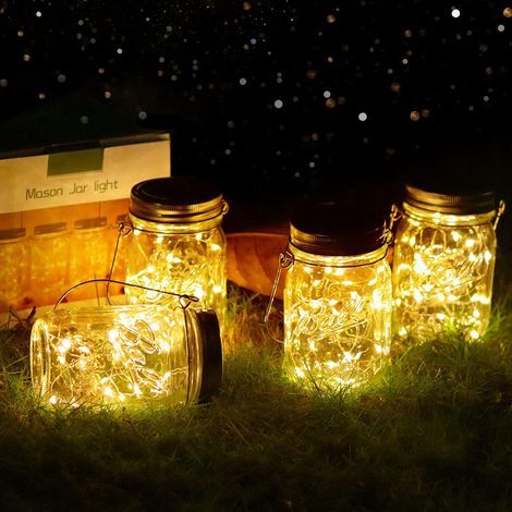 4-Piece Solar Garden Lights - 20 LED Outdoor Solar Lights, Waterproof Mason Jar Lanterns, Solar Outdoor Lights for Garden, Halloween, Christmas, Parties (1/5)