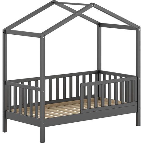 ARKAN - Lit Maison Junior à Barrières 70x140cm Pin Massif laqué Anthracite (1/3)