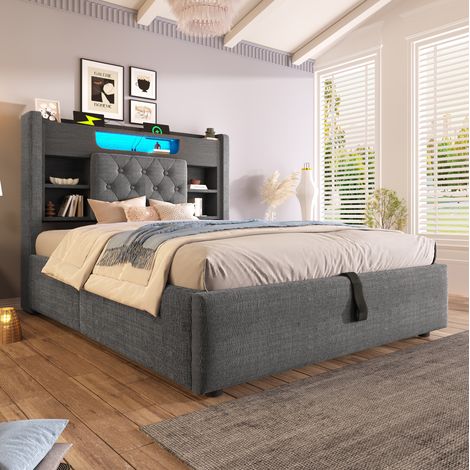 MEUBLIV Bett 90x200 cm grau – hydraulischer Stauraum, LED und USB, ohne Matratze (1/5)
