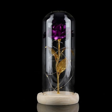 Rose éternelle lumineuse LED avec couvercle en verre et socle en bois, violette, idéale pour la Saint-Valentin ou un mariage. (1/5)