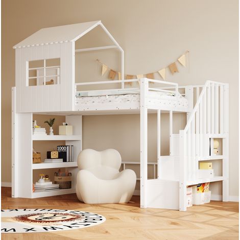 Letto a soppalco 90 x 200 cm stile casa, scala contenitore reversibile, bianco DESVIAE (1/5)