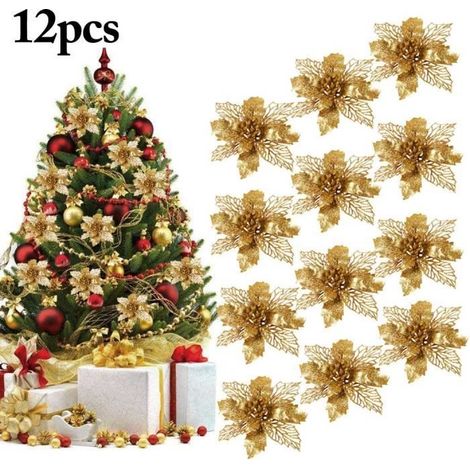 Decoration Noel Sapin, 12Pcs Ornement Sapin Noël Lot déco Noël Glitter Artificielles Fleurs de Noel pour la fête de Mariage Décorati (1/4)