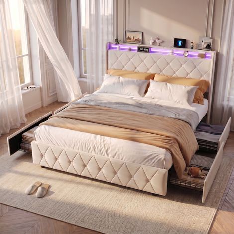 Letto matrimoniale 160x200 cm – Letto per adulti – 4 cassetti – Illuminazione LED RGB – Porta USB/Type-C – Rete a doghe – Velluto beige (1/5)