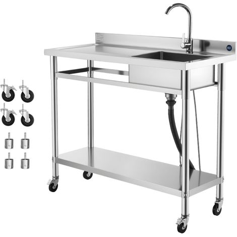 Évier professionnel mobile en acier inoxydable, cuve unique sur roulettes avec robinet et arrivée d'eau chaude et froide, plan de travail pour garage, restaurant et buanderie 1200 x 500 x 1055 mm (1/5)