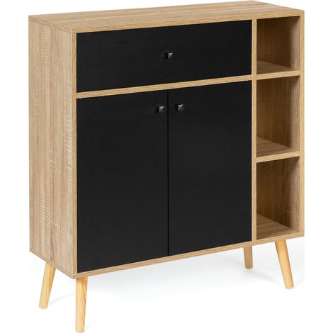 Idmarket – Buffet scandinave en bois noir avec placard et tiroir – Dimensions L.80 x l.30 x H.87 cm – Pieds inclinés en métal pour stabilité