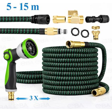 Tuyau d'arrosage extensible 5-15 m, pistolet 10 fonctions, noir et vert, avec raccords en laiton (1/5)