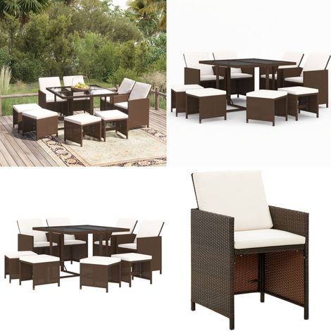 Set Divani da Giardino 9 pz con Cuscini in Polyrattan Marrone - Sedie da giardino - Tavolo da giardino