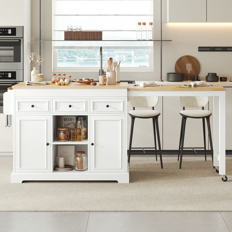 Isola cucina 112-188x45x92 cm, piano laterale estraibile, 3 cassetti e portaspezie, MDF, bianco e naturale (1/5)