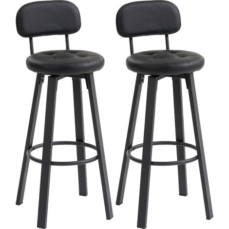 Lot de 2 tabourets, rembourré, avec repose-pieds, noir, pour maison et usage quotidien, dossier, cadre métallique, housse en faux cuir