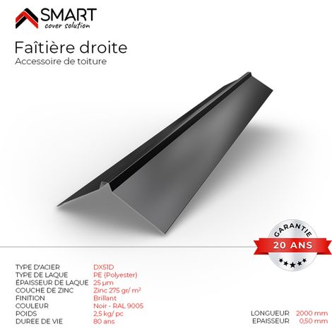 Faîtière droite - bac acier - tôle de couverture - Toiture -  Coloris Noir RAL 9005 L=2m, épaisseur 0.50mm (1/2)