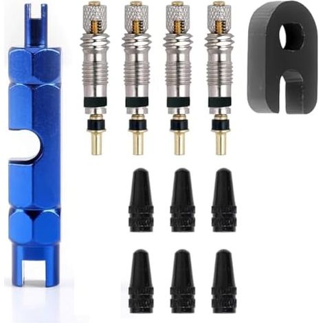 Kit de Réparation Pneu Vélo 12 Pièces, Démonte Obus Valve Tubeless VTT, Outils avec Adaptateur Presta, Bouchon Valve, Outil Démontage pour Entretien et Remplacement Rapide - (1/5)