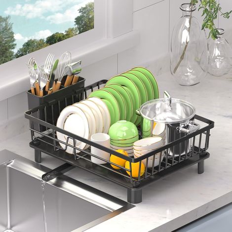 Egoutoire Vaisselle Cuisine,Grande Égouttoir à en Acier Inoxydable avec Porte-Ustensiles,Egouttoir Plateau d'égouttage,Drainage Automatique,Rangement et Organisation de Cuisine Noir L'Noir L'Noir'L