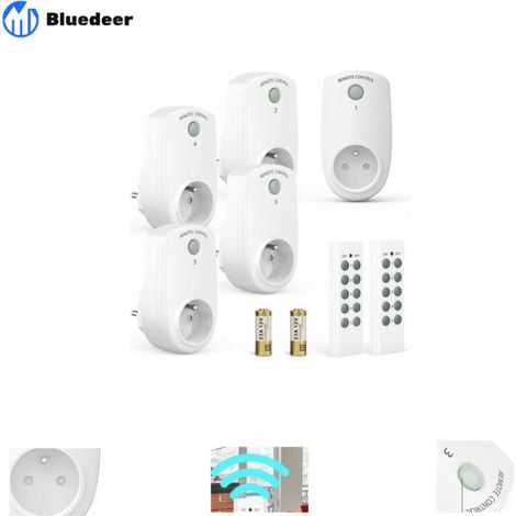 Lot de 5 Prise Programmable Électrique, Prise Télécommandée sans Fil avec 2 Télécommandes 2 Piles Fournies, 30M de Distance de Contrôle dans la Zone Ouverte, Fonction on/Off (1/5)
