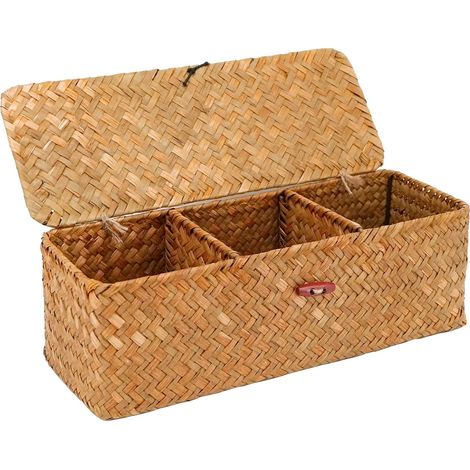 1 Panier en Jonc de Mer, 3 Compartiments, Couvercle Inclus, Tressé Naturel, pour Salle de Bain, Salon, Chambre (1/5)