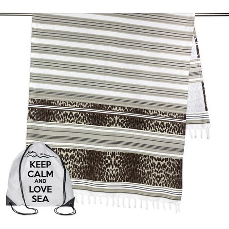 TELO MARE fouta LEOPARDATO misura GRANDE con zaino Spiaggia KEEP CALM CM.100X200