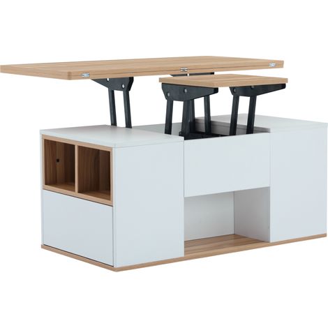 Table basse multifonctionnelle blanche et bois naturel avec plateau ajustable et rangements intégrés (1/5)