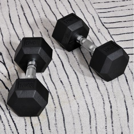 Mancuernas hexagonales 2x10 kg, diseño antirrodadura, mango con agarre fino, metal negro (1/5)