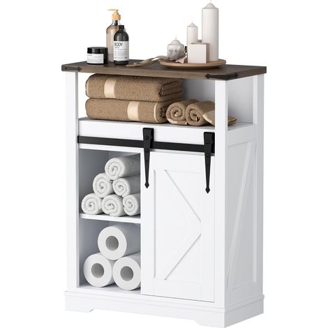 Meuble de rangement blanc à poser avec porte coulissante, 3 tiroirs et étagères modulables pour salle de bain (1/5)