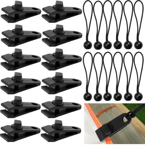 12 x Tarp Clips,Canvas Tarpaulin Fixing Clips,Outdoor Tents,Clamps for Awnings Tents,Camping Accessory,with 12 Camping Tarpaulin Cords (1/5)