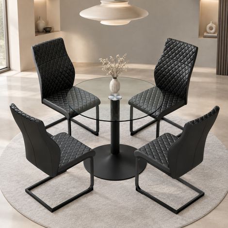 Conjunto de mesa y 4 sillas con mesa redonda de cristal templado 85 cm negra DESVIAE (1/5)