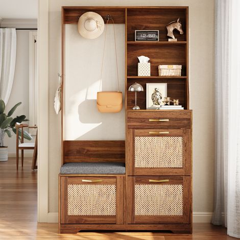 Armoire, armoire d'entrée avec banc, meuble à chaussures, façade en rotin, patères, tiroirs, meuble de rangement, espace d'entrée (1/4)