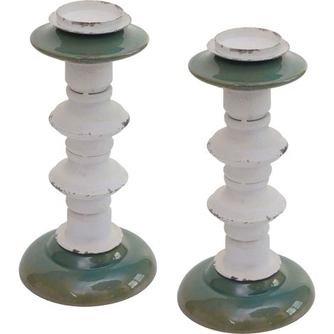Lot de 2 bougeoirs HWC-N36, porte-bougies Colonne de bougies, Shabby-Look Vintage métal céramique Hauteur 25cm