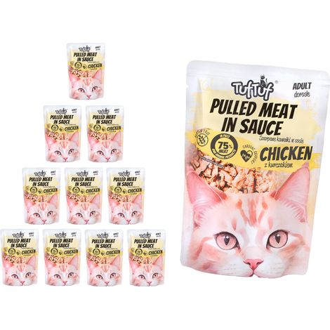 Pâtée pour chat TufTuf au poulet, sachet de 10 x 100 g, morceaux effilochés (1/3)