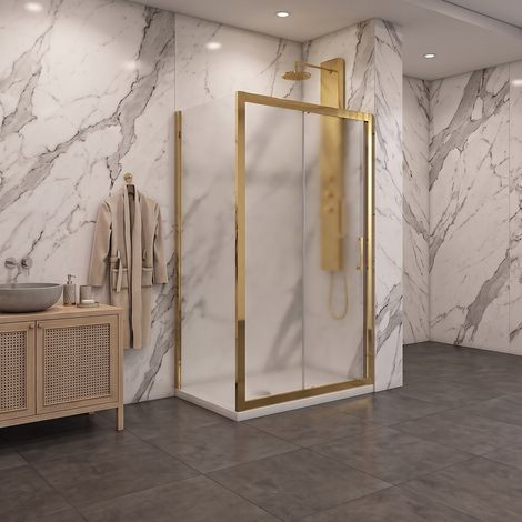 Porta scorrevole con lato fisso in vetro temperato opaco 6mm Profili oro H190 - PORTA 160 - FISSO 80 (1/3)