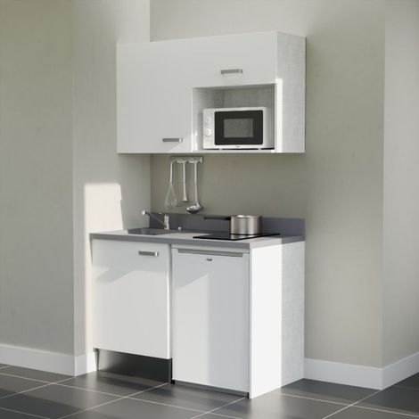Kitchenette K07L - 120 cm - plan monobloc évier intégré Cromo- évier à gauche - Façades Blanc + Electroménager inclus coloris Blanc (1/5)