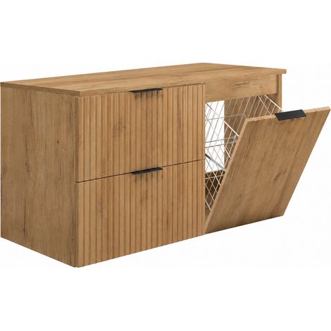 Mobile bagno sospeso 100 cm con cesto portabiancheria, 2 cassetti, 1 anta, Rovere Craft, maniglie nere, 100 x 46 x 58,6 cm (1/5)