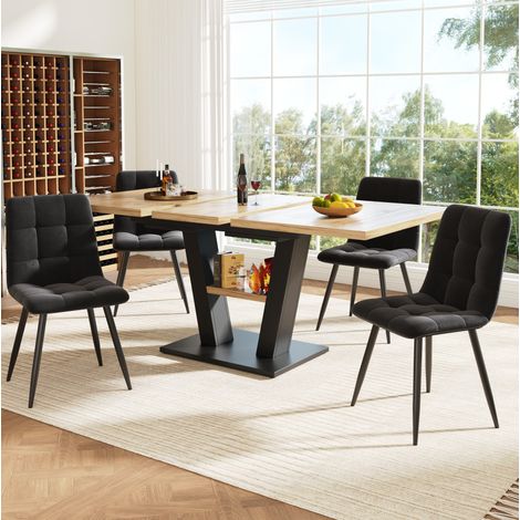 Ensemble de salle à manger extensible MDF noir et naturel avec 4 chaises en velours, table 118-157x70x75 cm (1/5)