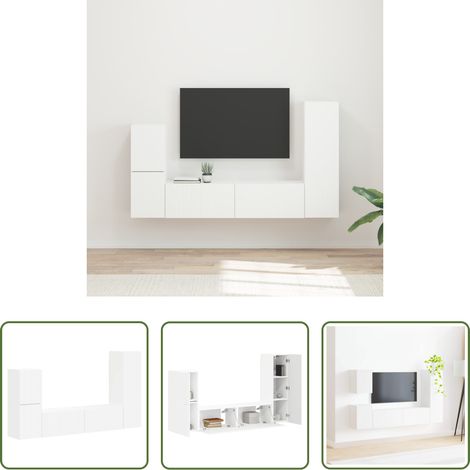 vidaXL Wohnzimmermöbel - TV-Schrankset Wandmontiert 4 pcs Weiß Holzwerkstoff (1/5)