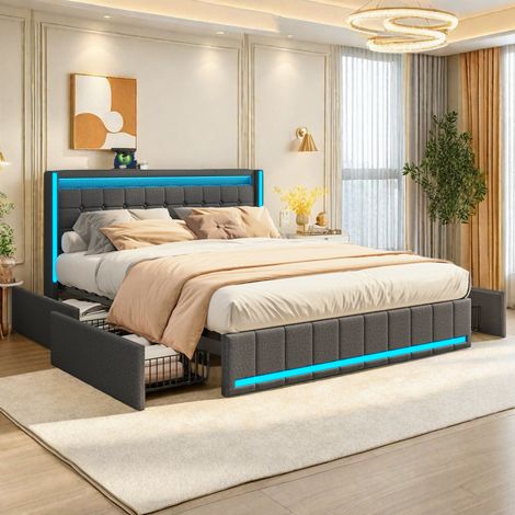 Lit 160x200 avec rangement, cadre de lit avec led et usb, lit double avec sommier à lattes et 4 tiroirs, 2 place pour adultes et ados, gris lin (1/5)
