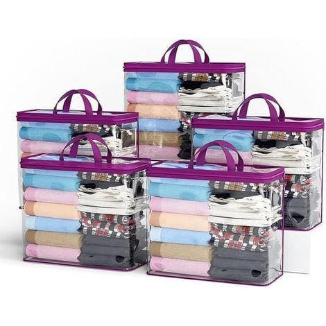 BelleRise - Lot de 5 sacs de rangement en tissu transparents violets à fermeture éclair, pour vêtements, linge de lit et jouets (1/5)