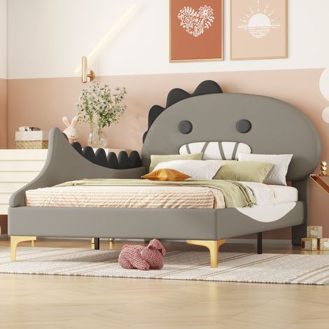 Lit enfant 90x200 cm, forme dinosaure, tête de lit cartoon, revêtement PU gris, sommier à lattes, design ludique (1/5)