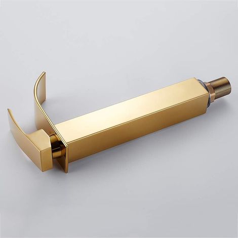 Mitigeur lavabo carré chromé doré, bec cascade haut pour vasque, robinet salle de bain moderne eau froide chaude, trou unique, finition brillante (1/5)