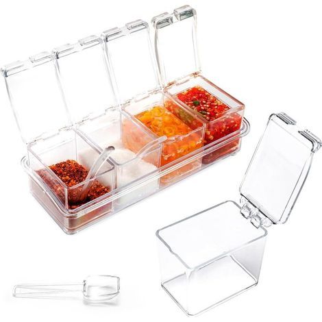 Set mit 4 transparenten Gewürzbehältern, Gewürzgläser aus Kunststoff mit Deckel und Löffel, Gewürzbehälter für Salz, Zucker, Tee, Kräuter, Kaffee (1/5)