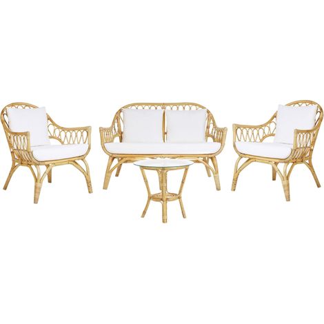 Beliani – Salon de jardin 4 places en rotin clair – Canapé 2 places, 2 fauteuils et table basse – Style boho, plateau en verre trempé