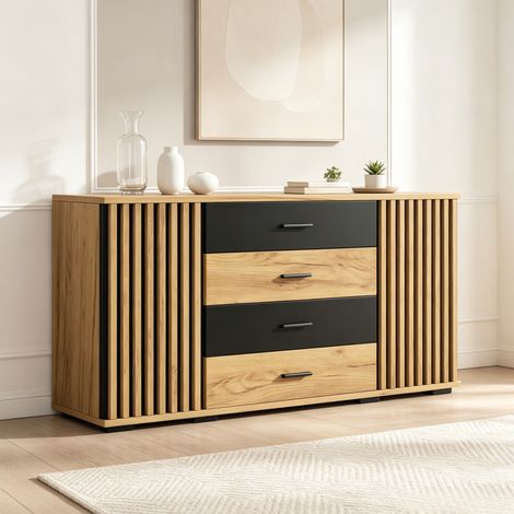 Aparador 140x35x70 cm MDF negro y roble, 4 cajones, 2 puertas, estantes regulables, salón comedor (1/5)