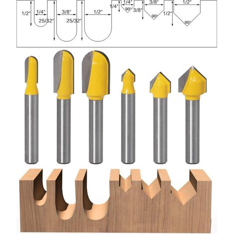 6pcs 6.35mm Queue Mèches de Routeur Bits,3PCS Routeur Bit de Fond Rond et 3pcs 90°Rainures en V de Nez Rond Outil de Coupe Pour Travail du Bois, Diamètre de Coupe 6.35mm,9.52mm, 12.7mm MOONSTARS (1/4)