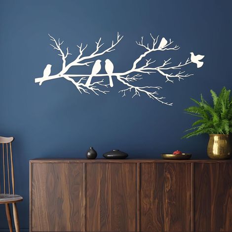 Wanddekoration Vögel Metall Ast Wandskulptur 80L x 34.6B cm Weiß (1/5)