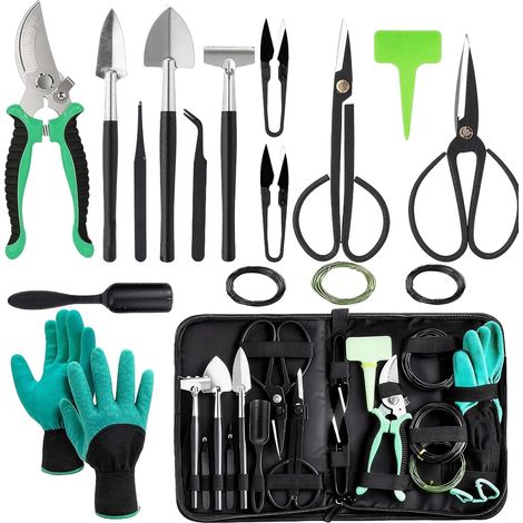Kit d'outils de jardin pour bonsaï, 24 pièces, ciseaux à bonsaï, fil de bonsaï, pince à épiler, gants de jardin, mini outils de démarrage pour bonsaï (1/5)